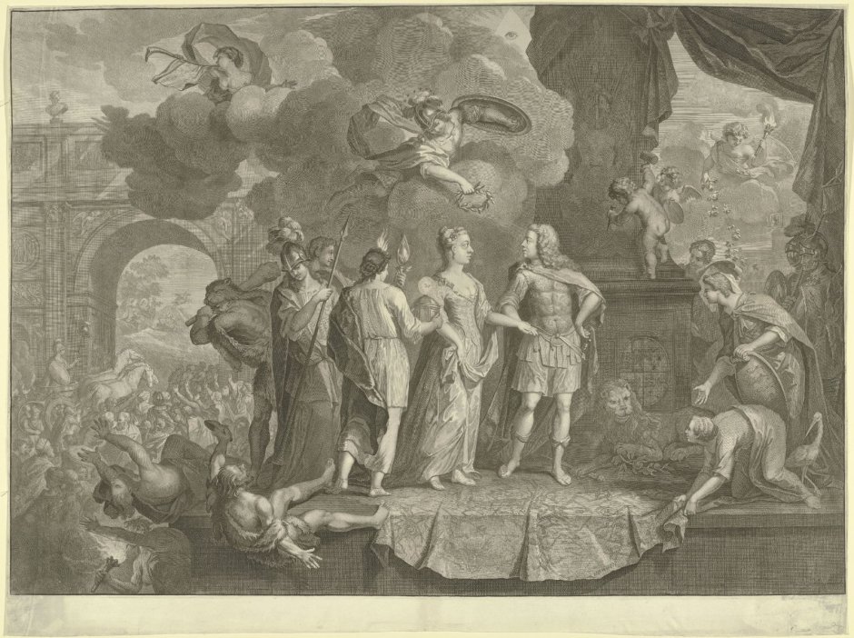 Allegorische prent op het huwelijk van Willem IV en Anna van Hannover, 1734