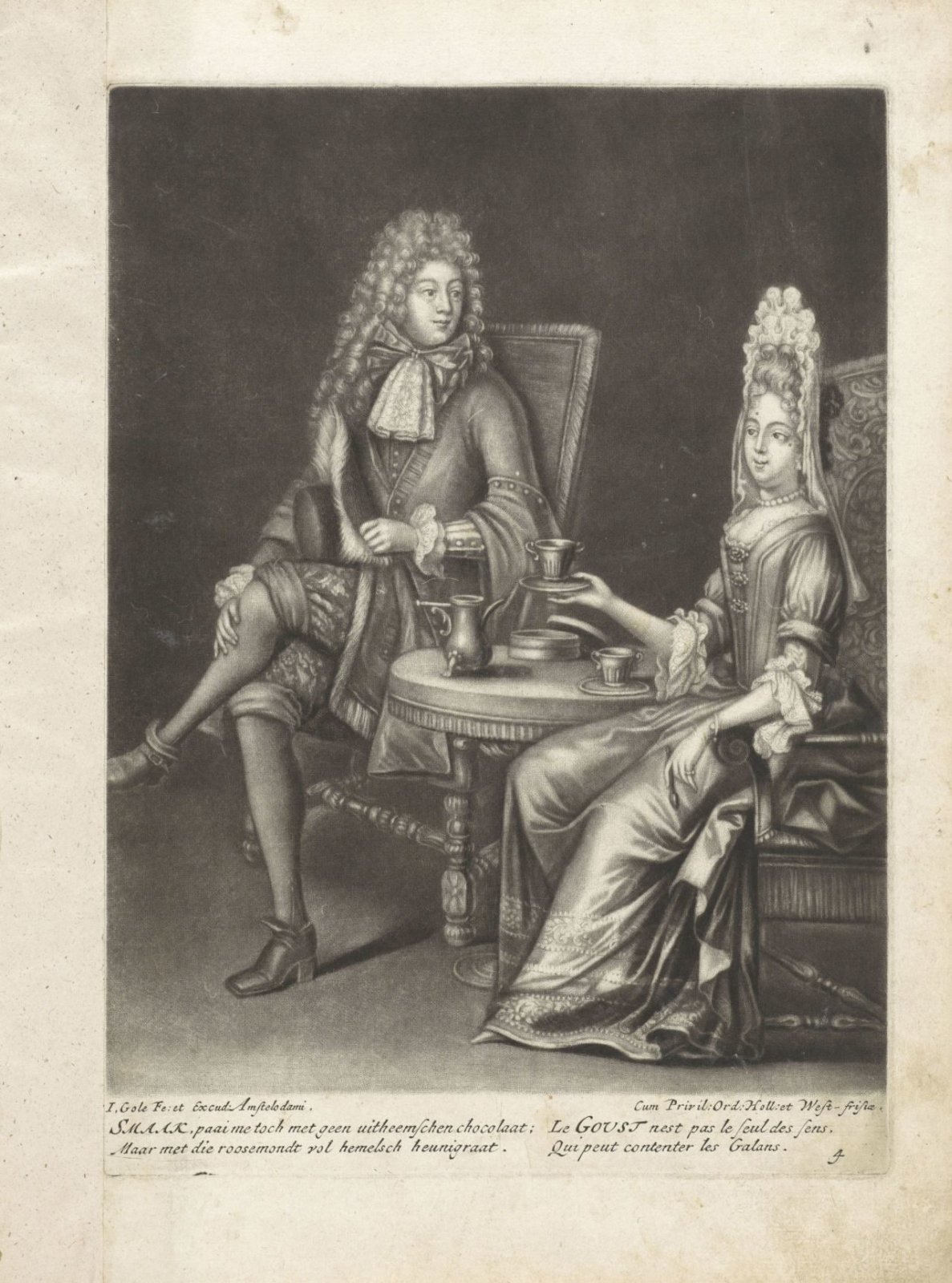 Prent van een modieus geklede dame en heer die chocolade drinken