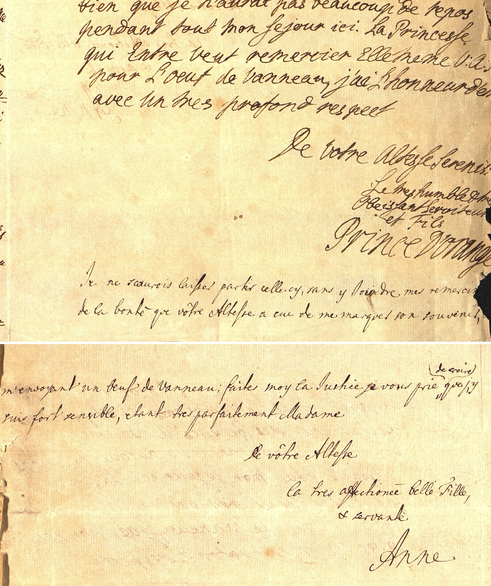 Handgeschreven naschrift van Anna van Hannover met haar handtekening Anne, onder de ondertekening van Willem IV