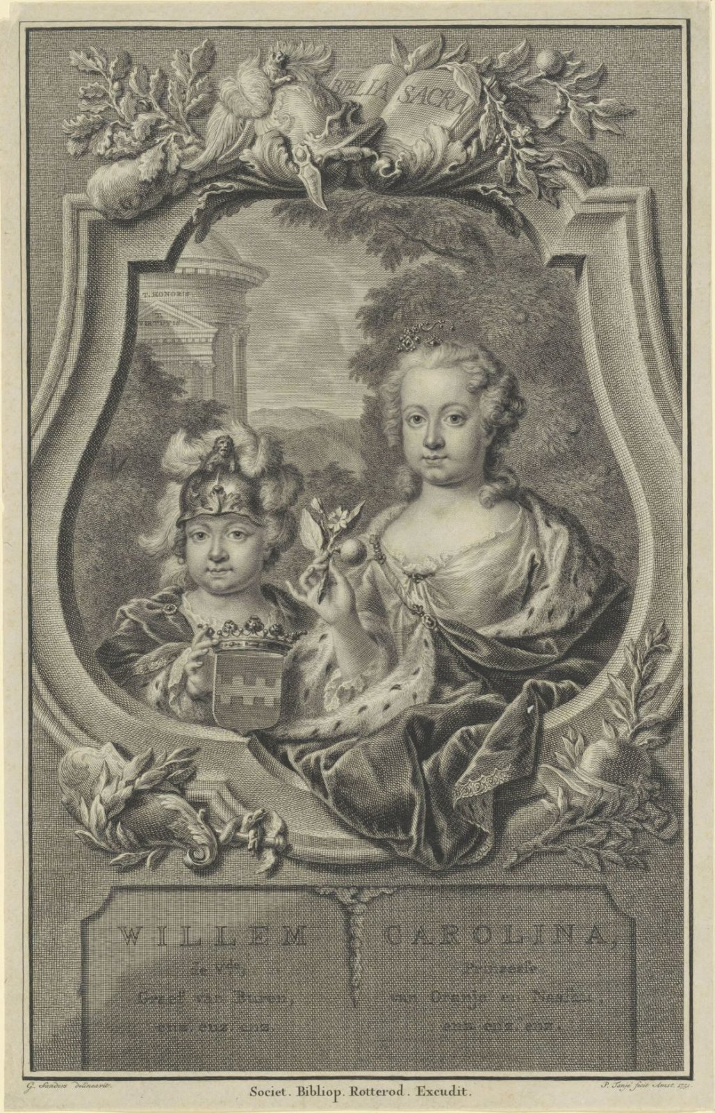 Gegraveerd portret van de kinderen Willem V en Carolina van Oranje-Nassau