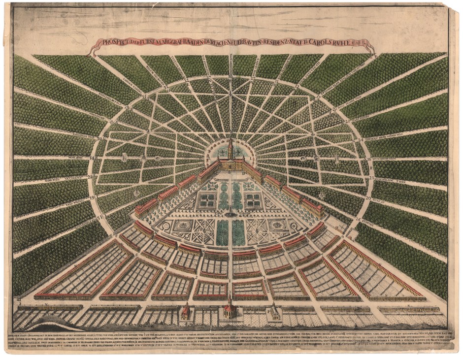 Karlsruher Stadtansicht, Kupferstich von Heinrich Schwarz 1721. Stadtarchiv Karlsruhe 8/PBS XVI 18