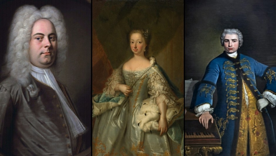 Georg Friedrich Händel (Balthasar Denner, ca. 1726–1728), Anna van Hannover (Johann Valentin Tischbein, 1753) en Farinelli (Bartolomeo Nazari, 1734). Wikimedia Commons. Foto Farinelli: Didier Descouens, CC BY-SA 4.0.